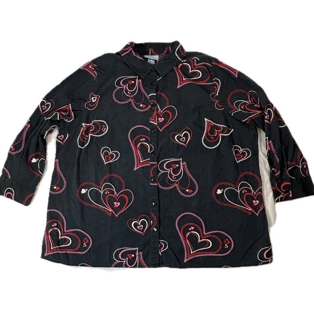 Liz & Me 2XL Black Red White Hearts Button-Down Blouse Top